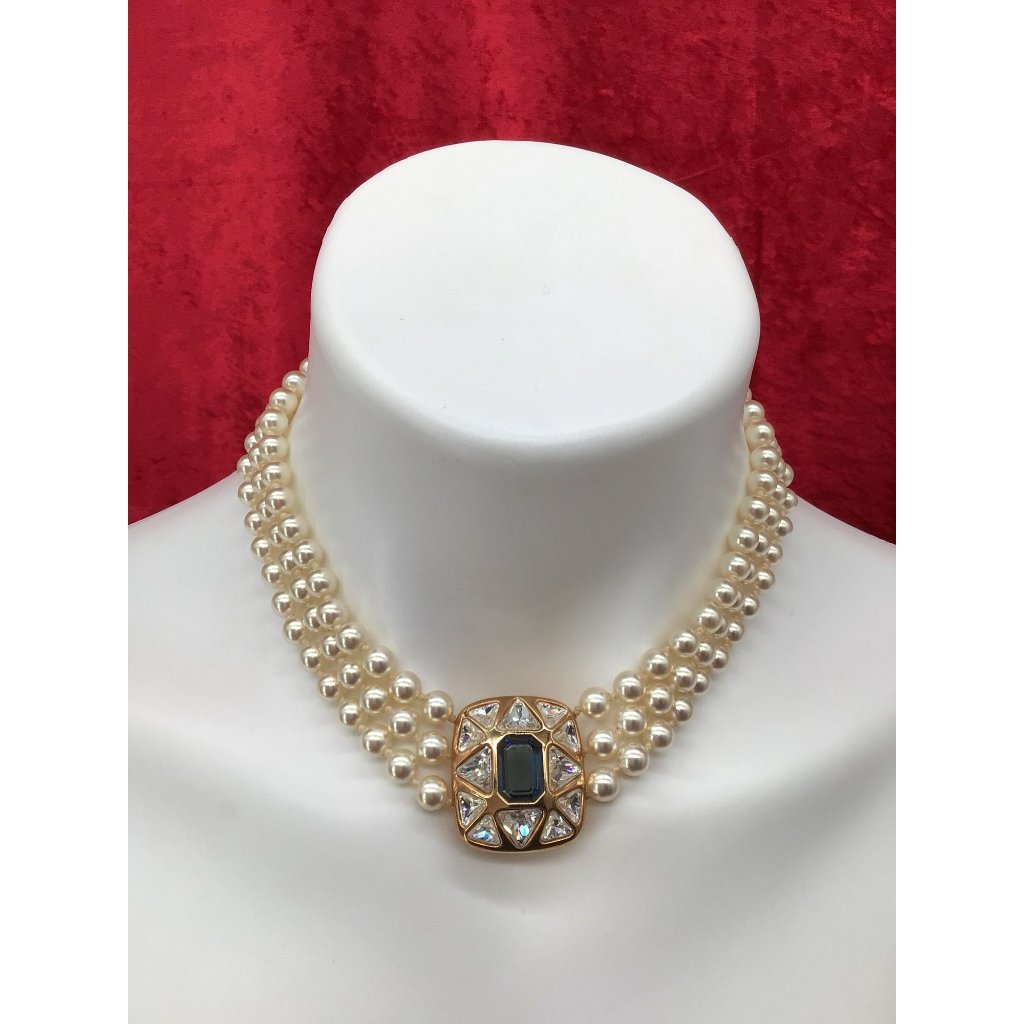 Triple Strand Pearls With Central Gold Tone Square Pendant